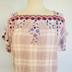 Rare Johnny Was Workshop Plaid Square Neck Embroidered Peasant Top, size XL